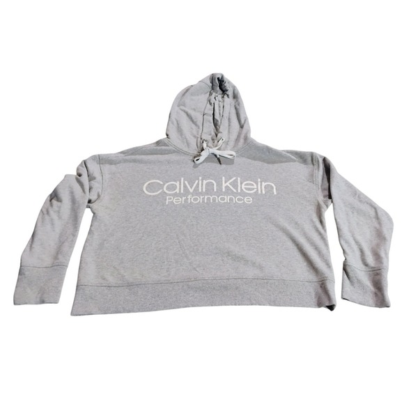 Calvin Klein Tops - Calvin Klein Performance Womens L Cropped Hoodie Gray Logo Thumbholes Pullover